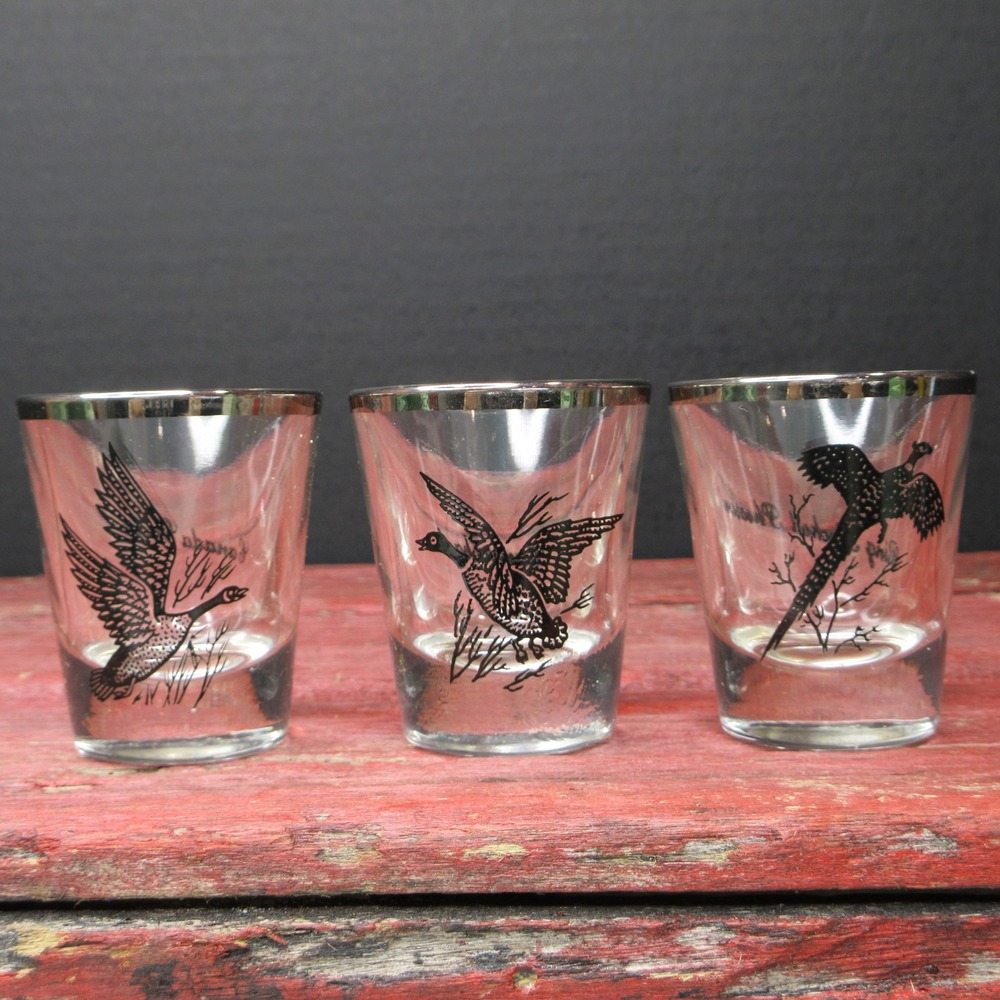 VTG MCM Game Bird Shot Glasses Set of 3 Canada Goose Canvasback Pheasant Silver